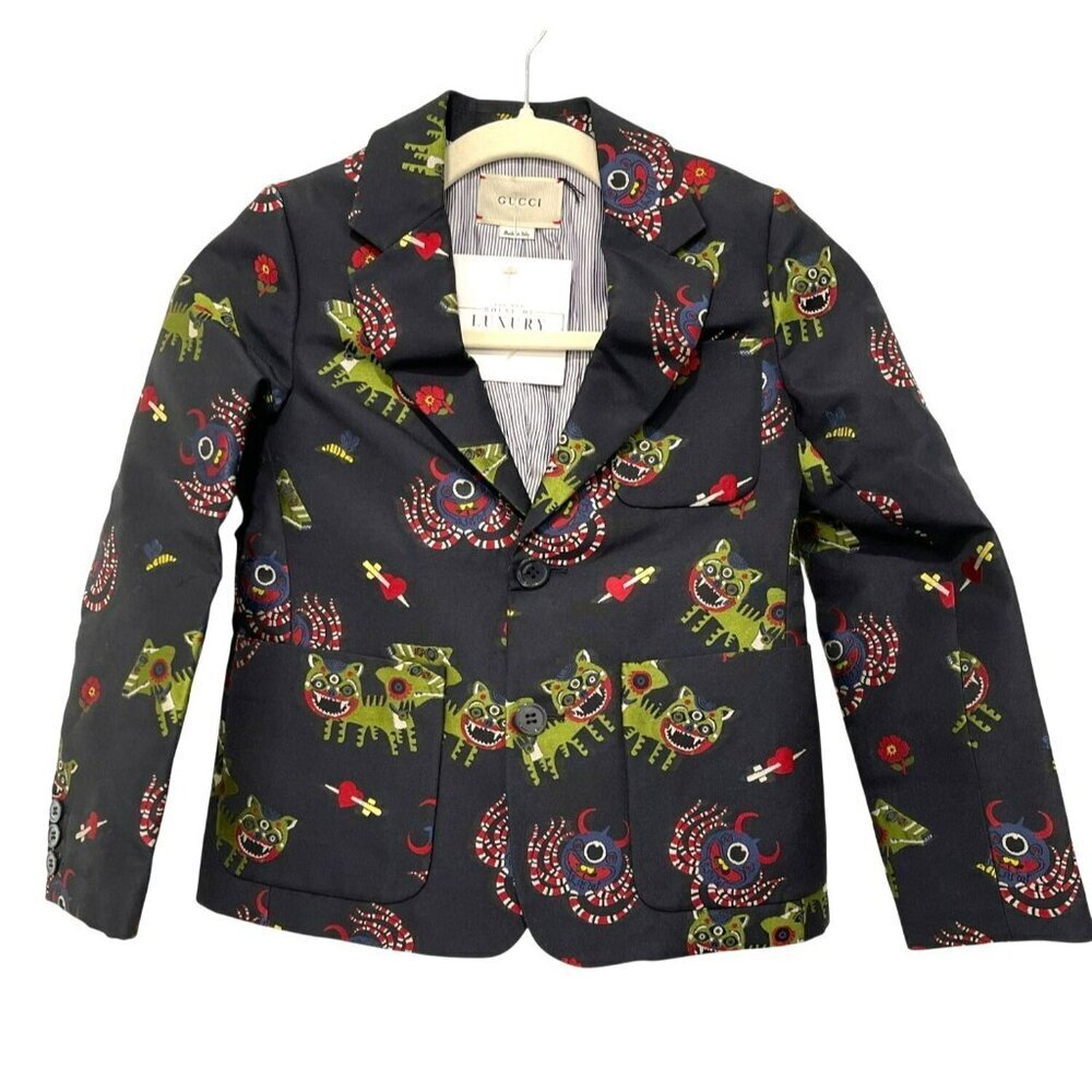New Gucci $1065 Kids Navy Printed Celebrity Blazer Suit Jacket Size 8